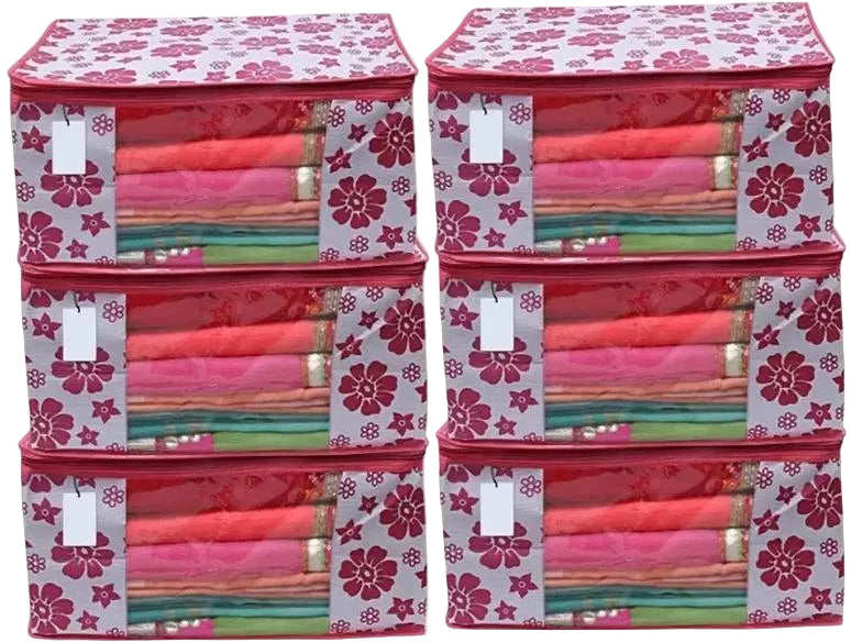 Polka Pink Flower Design Pack Of 6 Non Woven Fabric Saree Cover/ Clothes Small Travel Bag - Zaporia Store